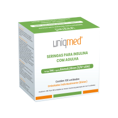 Seringa para Insulina Uniqmed 1mL (100UI) Agulha 8x0,3mm 30G embaladas individualmente - Caixa com 100 seringas